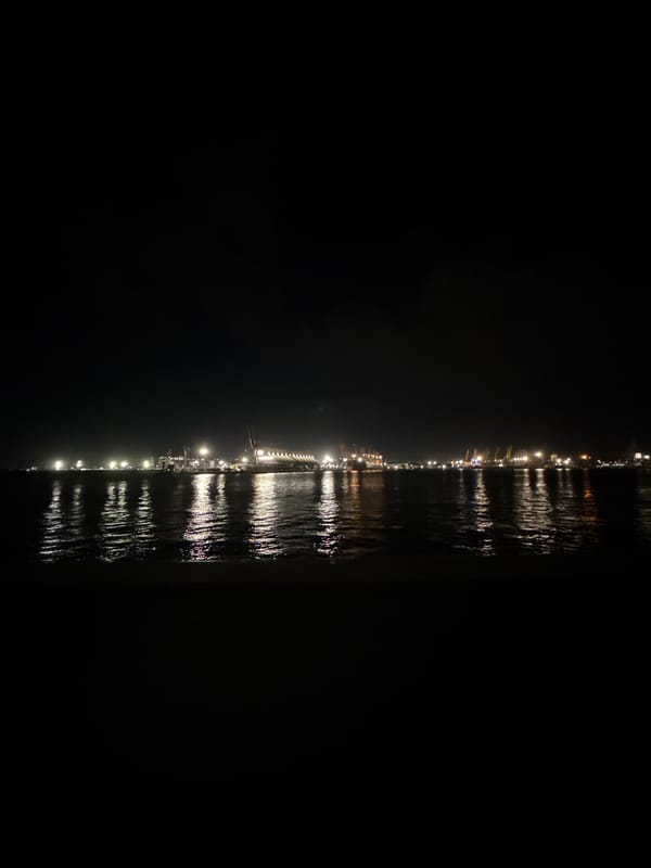 Nighttime waterfront walk documented in Burgas, Bulgaria port district