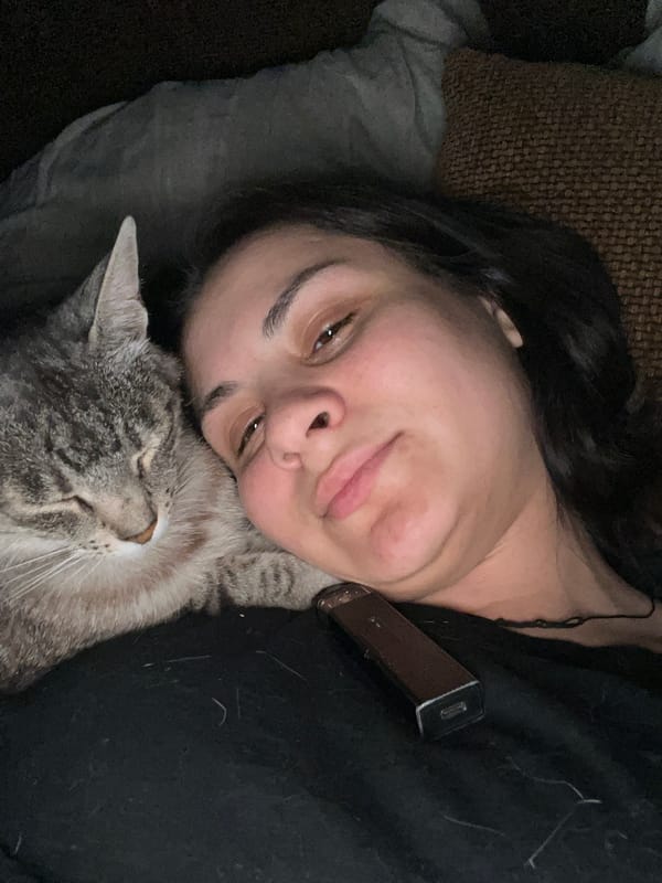 Chilling with a tabby cat, two angles, same cozy moment.