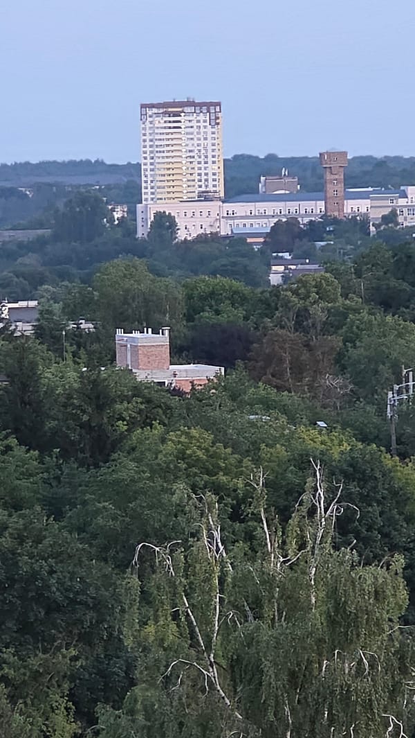 Elevated views across a residential urban neighborhood at dusk