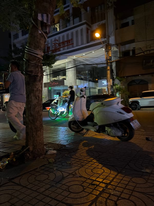 Nha Trang streets at night, neon signs and scooters