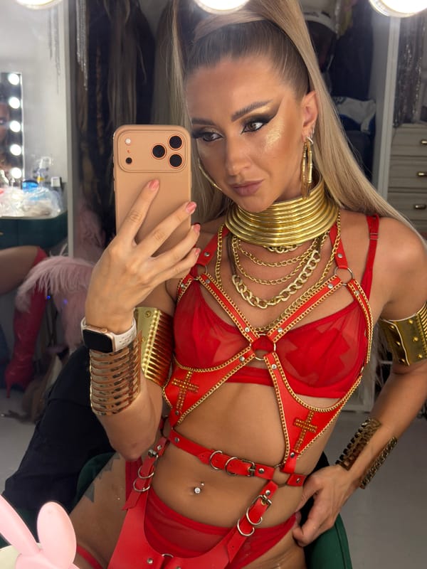 Red-lit Patong nightclub interior, mirror selfies in gold-accented lingerie