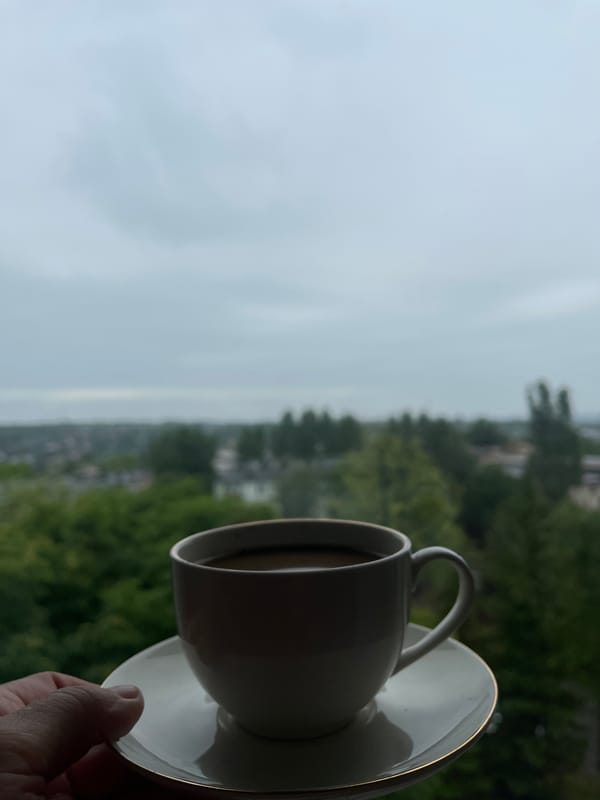 Morning coffee and green smoothie preparation by city window