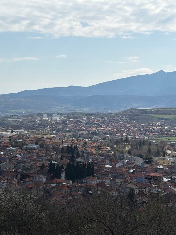 Aerial view captures Sveti Konstantin cityscape against mountain backdrop