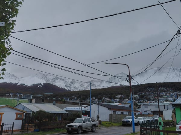 Street scene captured in Ushuaia, Argentina under overcast skies