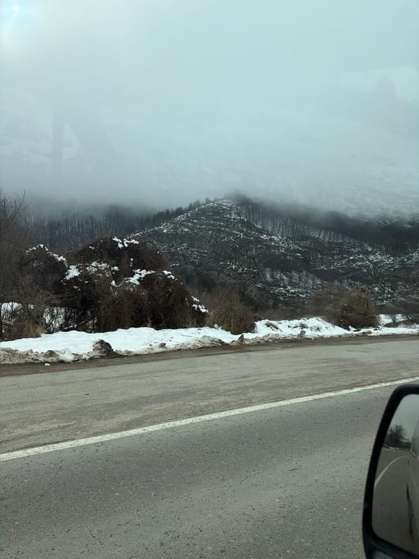Snow patches line roadside in Gintsi, Bulgaria