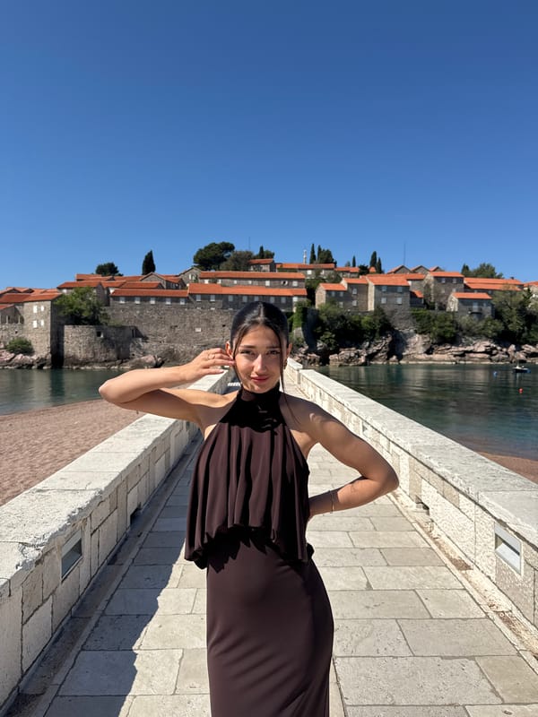 Morning tourist activity observed at Sveti Stefan, Montenegro