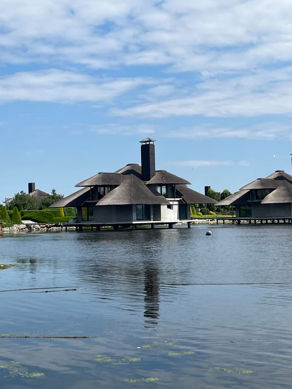 Lily-covered pond and rowboat at Dnipro waterfront complex