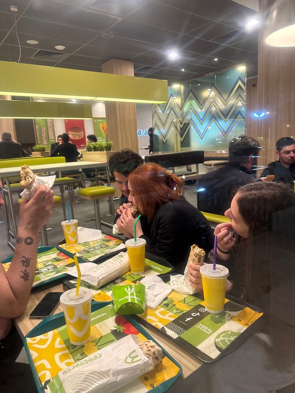 Evening McDonald's dinner gathering captured in Tbilisi, Georgia