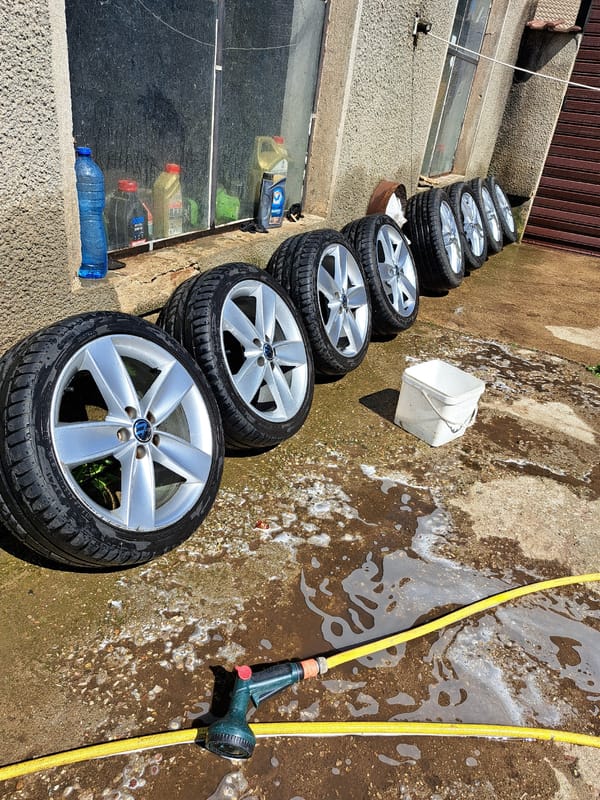 Used car tires displayed on concrete in Chepintsi, Bulgaria