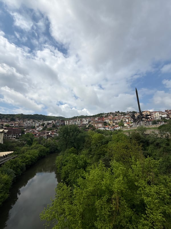 Tourist documents scenic views of historic Veliko Tarnovo