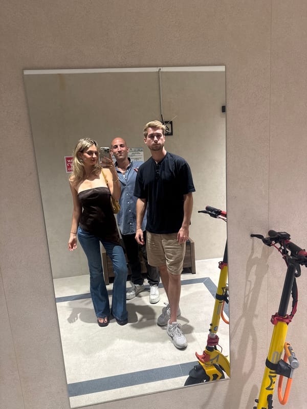 Three people take mirror selfie in Tel Aviv indoor location