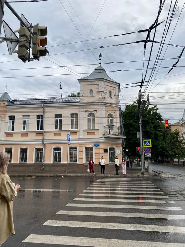 Rainy afternoon foot traffic at a Voronezh street crossing