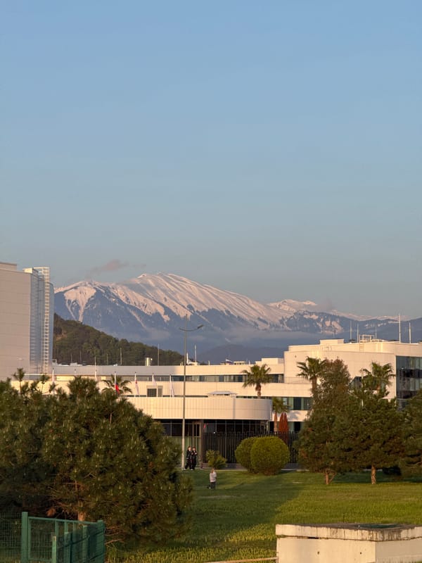 Mountain landscape with modern buildings documented in Sirius, Russia
