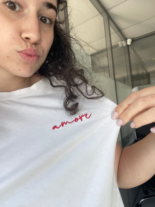 Woman takes selfies in Sofia wearing 'amore' shirt