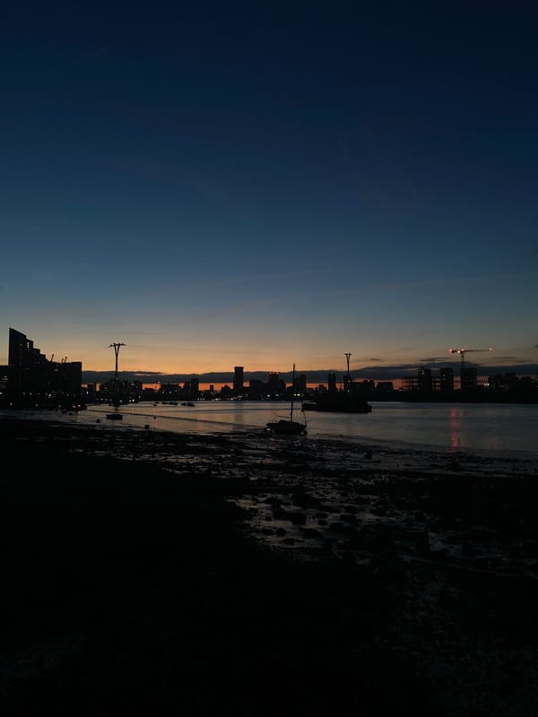 London skyline at dusk, Thames-side as night falls