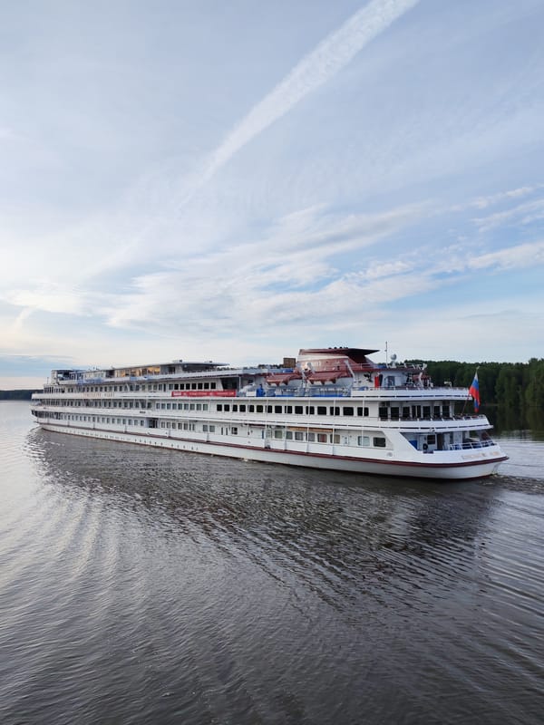 River cruise ship Konstantin Fedin sailing near Krapivino, Russia