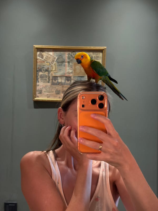 Woman takes selfie with colorful sun conure parrot in Khimki