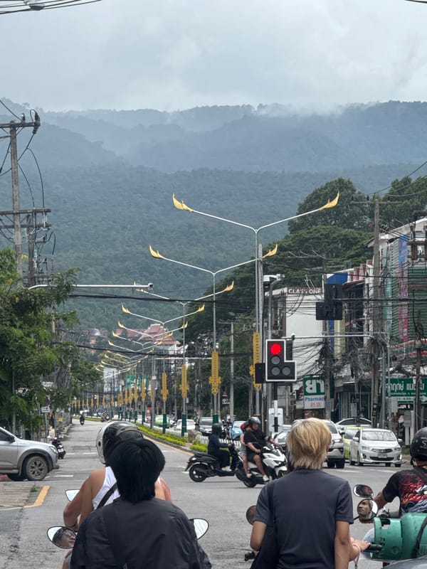Busy commercial street in Chiang Mai with shops and utility lines