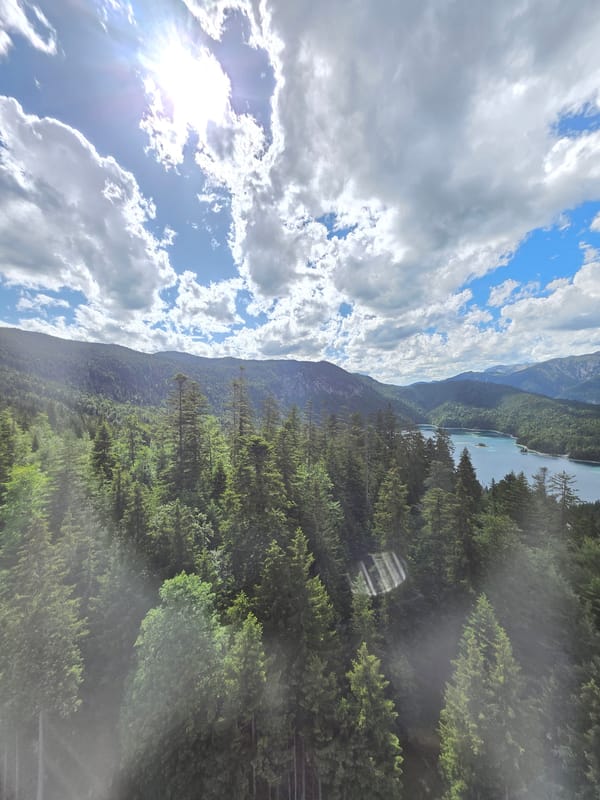 Aerial views of Eibsee lake and forests near Grainau