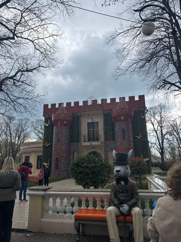 Public art display featuring castle, Peter Rabbit sculptures in Craiova park