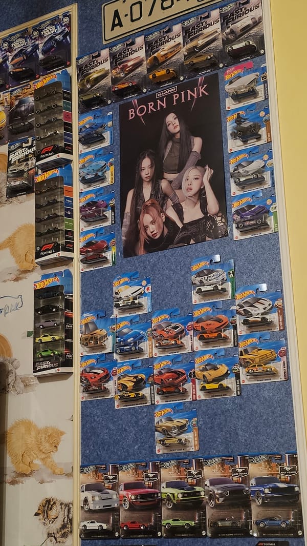 Hot Wheels collection displayed with BLACKPINK poster in Varna
