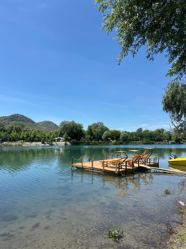Glamping site documented near Montenegro's Crnojevića River with tents, rabbit