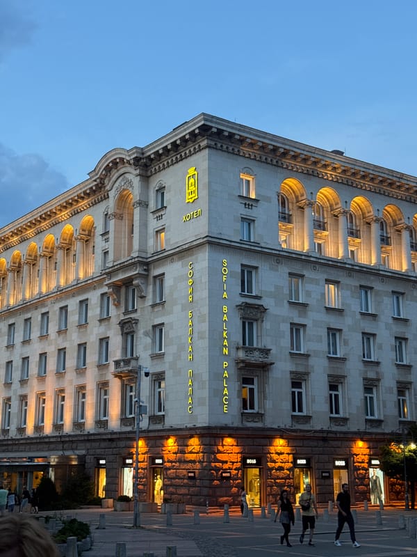 Evening street life and landmarks documented across Sofia Bulgaria