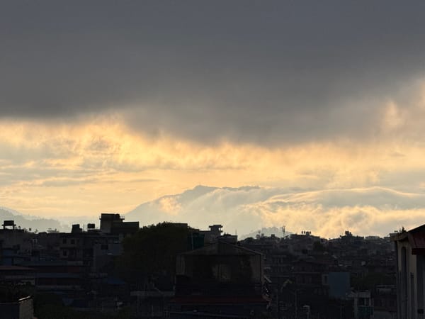 Morning fog blankets mountain valleys around Pokhara, Nepal