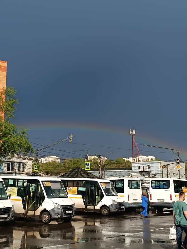 Rainbow appears over Lyubertsy street after rain shower