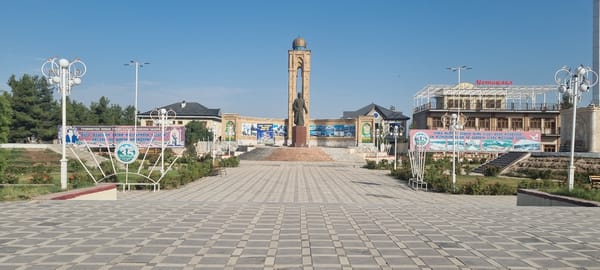 Monument plaza with domed tower in Ismoili Somoni, Tajikistan