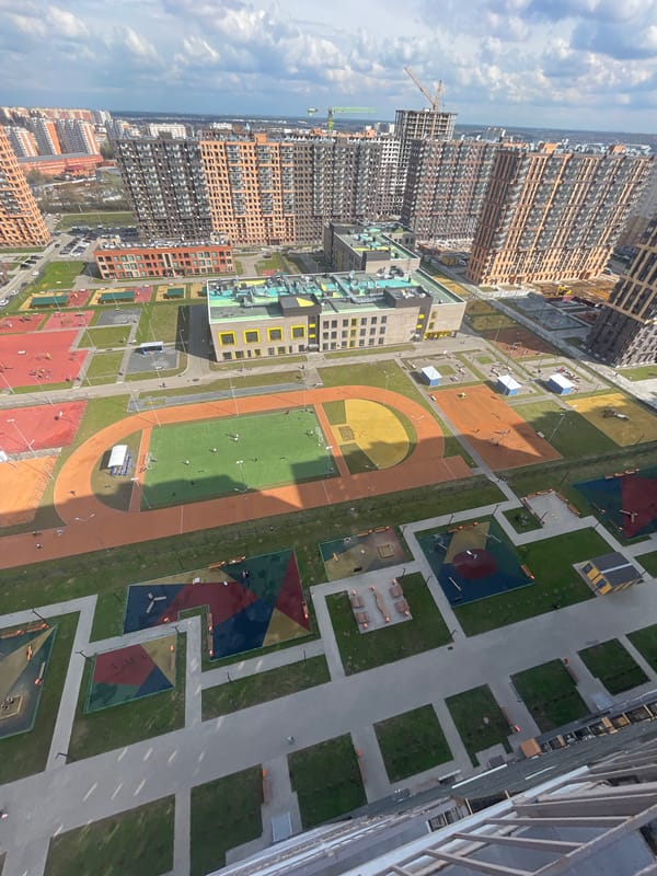 Aerial view shows modern residential complex in Balashikha, Russia