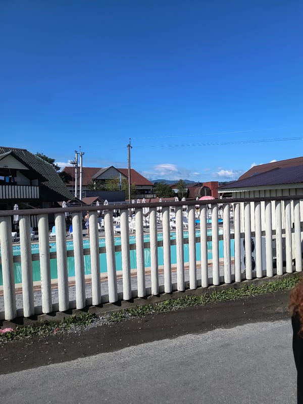 Summer morning at a Ukrainian resort town water park and market