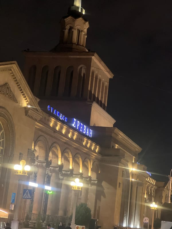Yerevan Railway Station captured illuminated at night