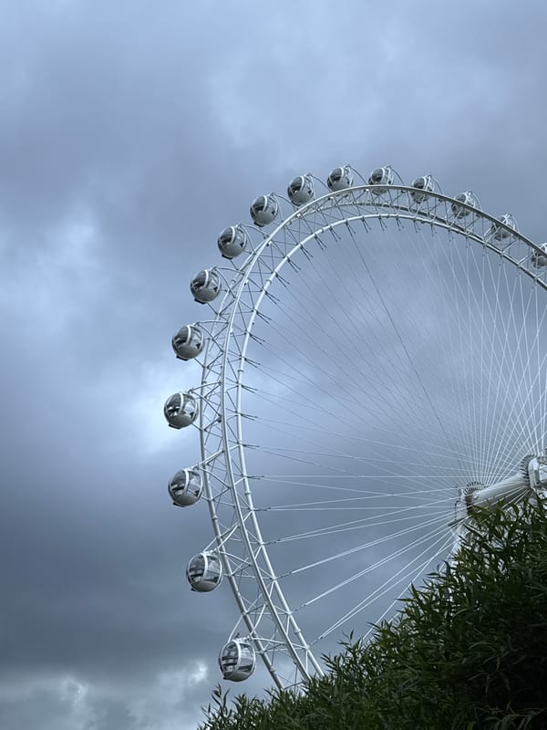 Amusement park rides and art installations on a cloudy Saint Petersburg afternoon