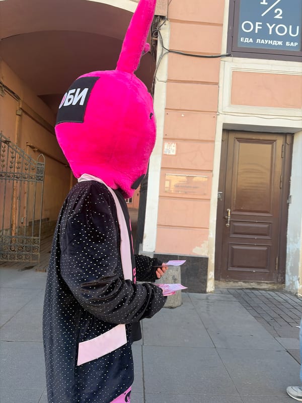Pink bunny costume spotted among street scenes in Saint Petersburg