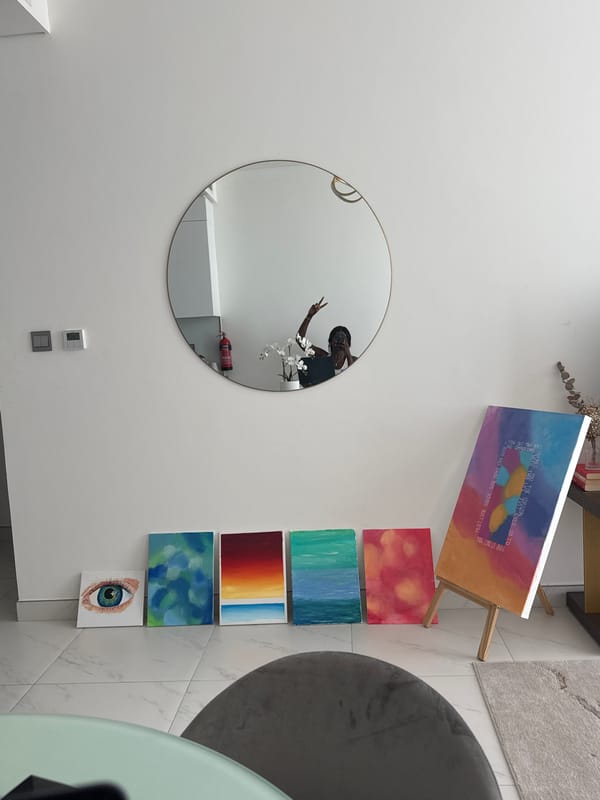 Person makes peace sign in mirror reflection, Dubai interior