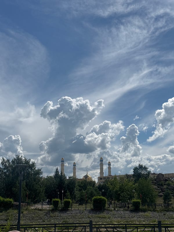 Morning stroll around Kokshetau's mosque, deer statues, and park