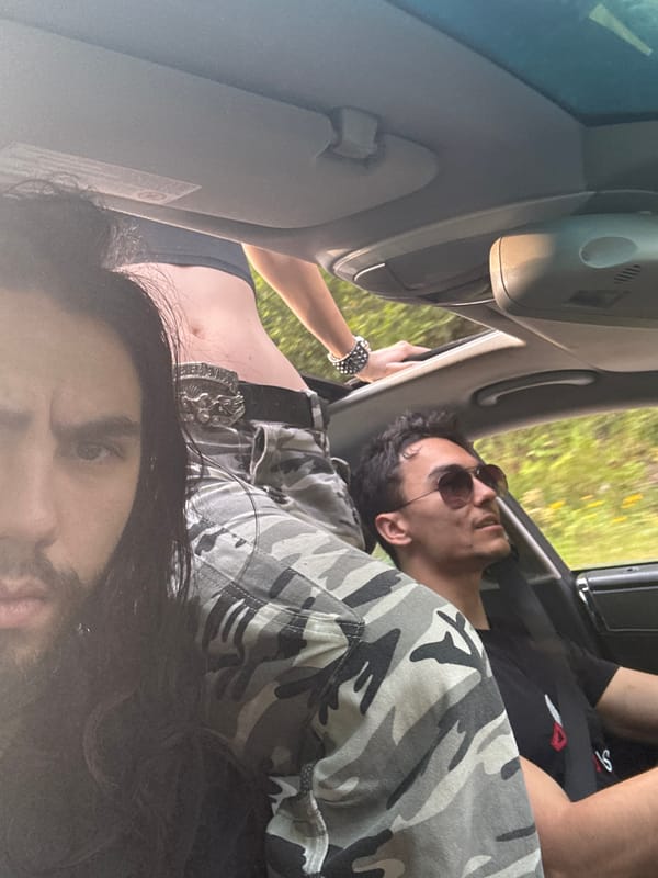 Cruising a winding forest road with friends