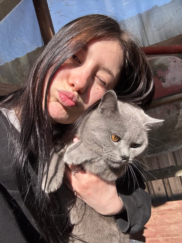 Woman and grey cat share playful morning moments in rural Russia