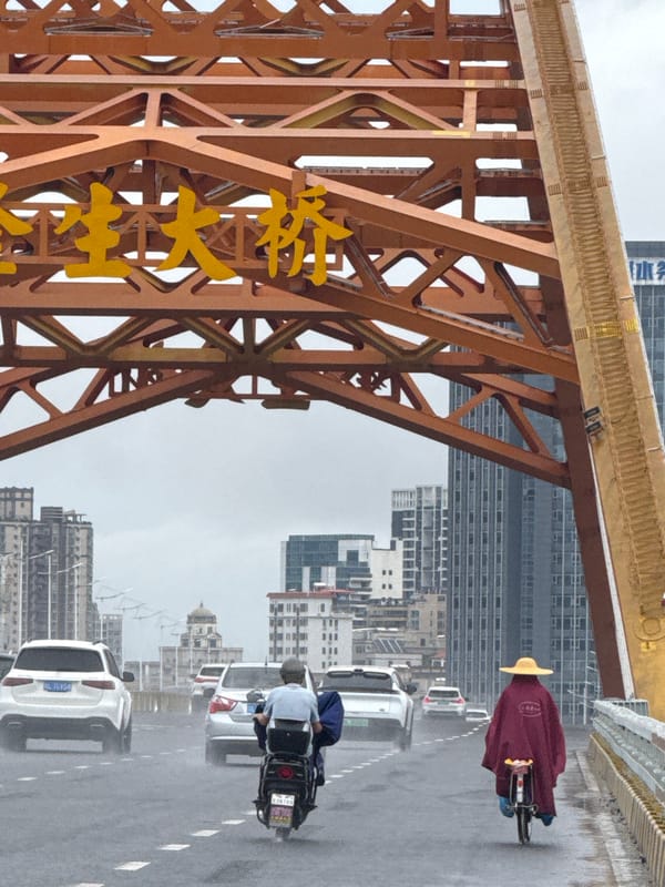 Rainy morning traffic around Huizhou's heart-shaped Binjiang Bridge