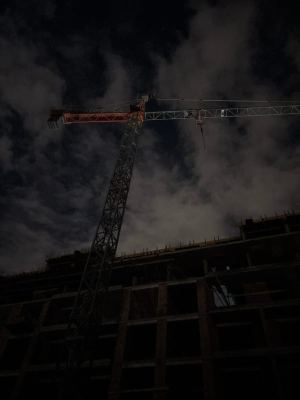 Construction site with crane photographed at night in Plovdiv