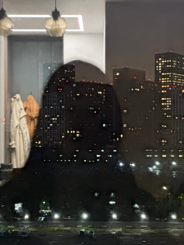 Hanging bulbs reflected in a Moscow window at night