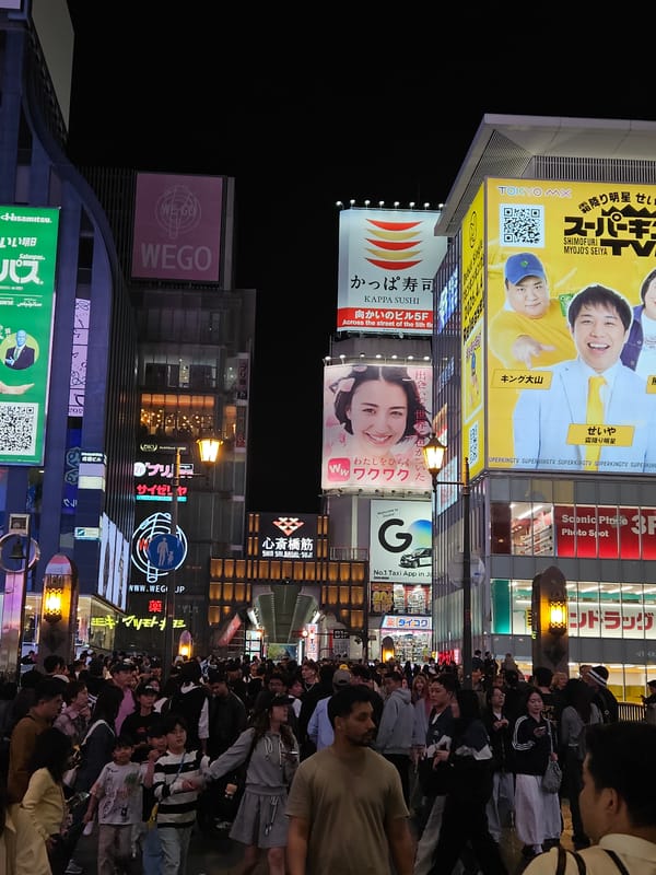 Busy nighttime commercial district captured in Osaka