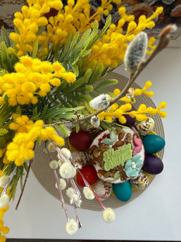 Easter celebration with traditional cake and decorations in Bor, Russia