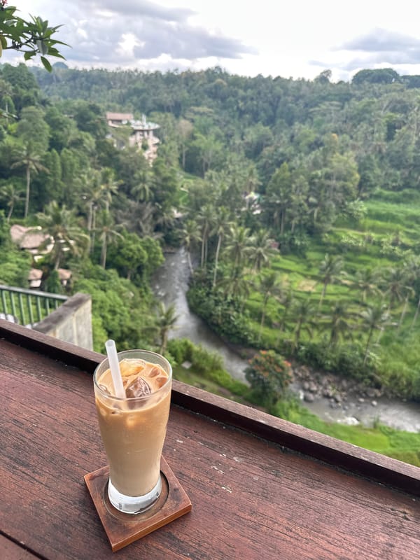 Morning coffee overlooking Ubud's terraced rice paddies captured