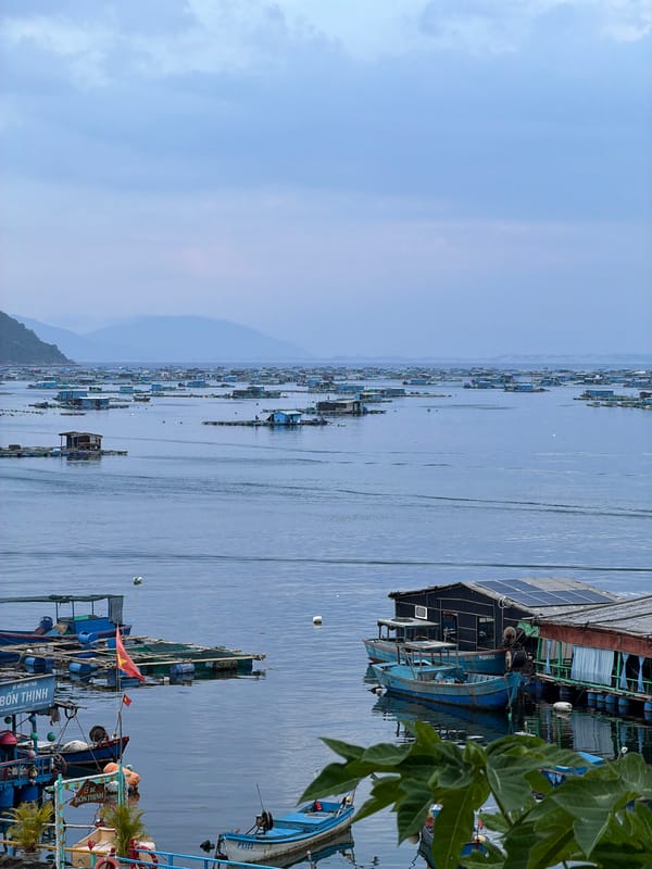 Floating village life on the bay in Hoa Xuan, Vietnam