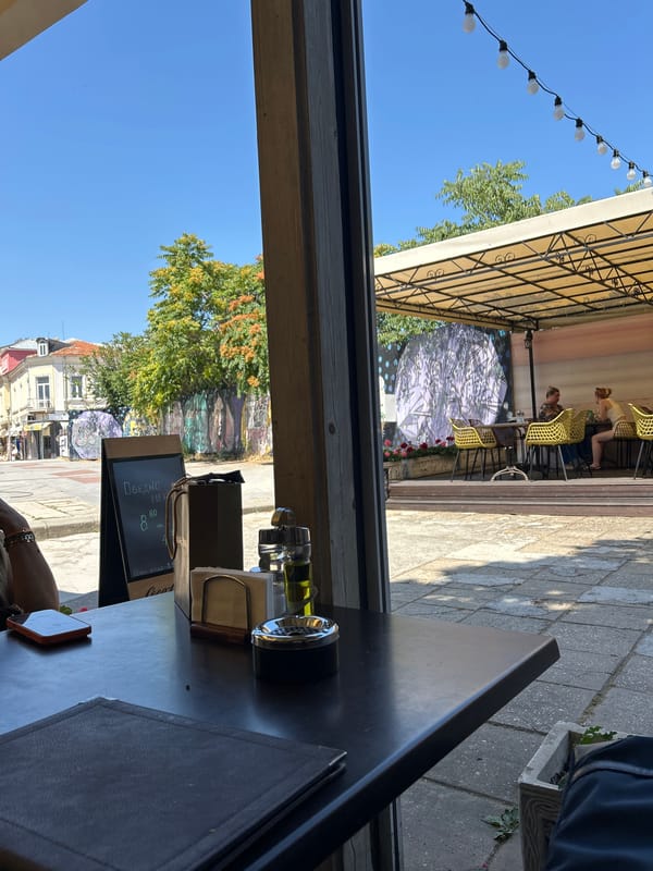 Café afternoon in Varna with drinks and a Stitch figurine