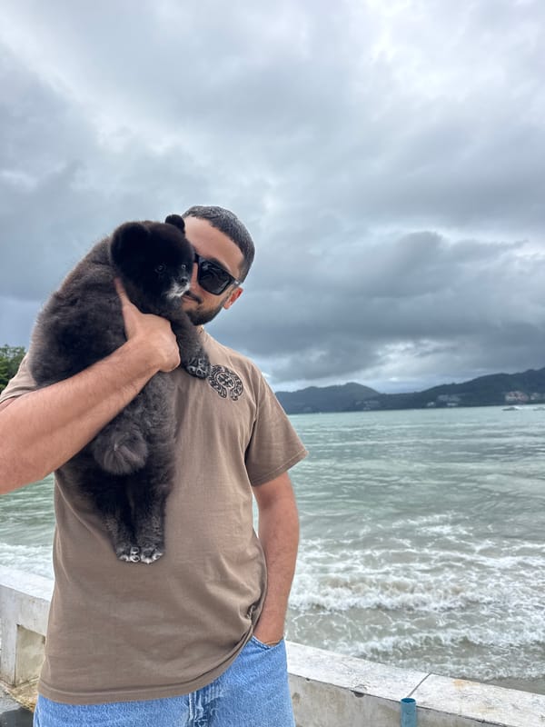 Couple with black dog tours Thai coast under cloudy skies