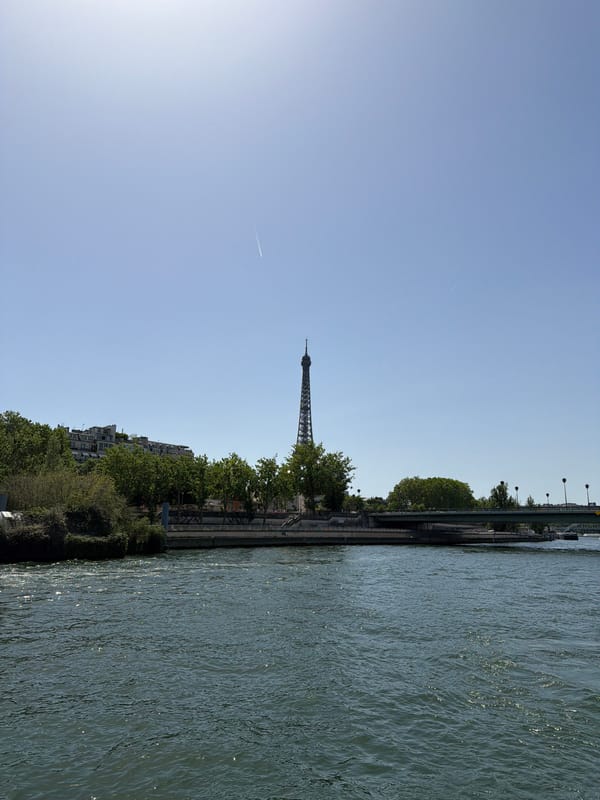 Eiffel Tower photographed from Seine with jet contrail overhead