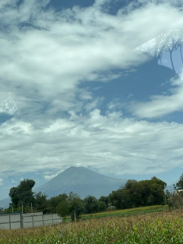 Vehicle passengers document roadside scenery in Atlixco, Mexico